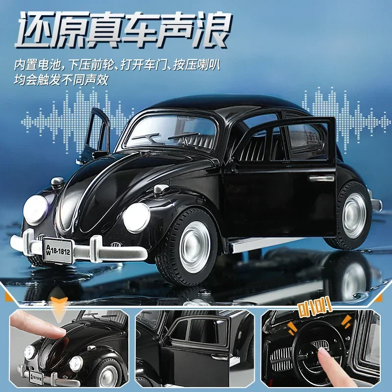 Modèle de voiture en alliage métallique moulé sous pression pour enfants, simulation de voiture classique Volkswagen Beetle, son et lumière, nervure arrière, collection de jouets, cadeaux, 1:18, 1955