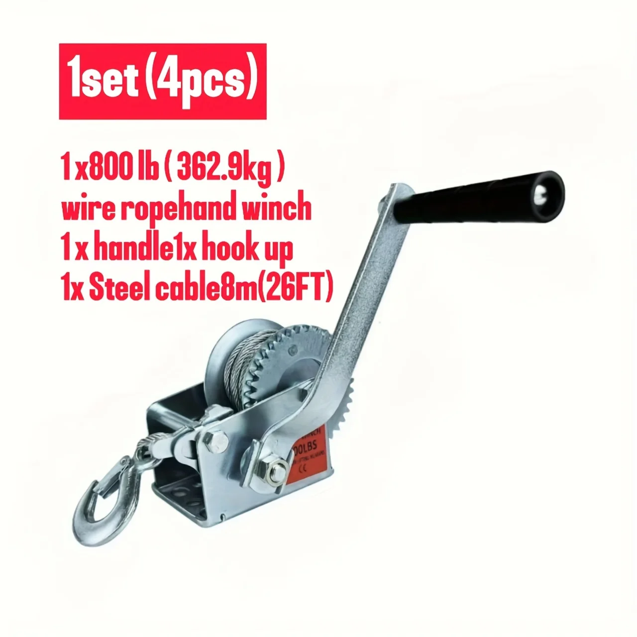 Heavy Duty Hand Winch – 800lbs Capacity, 8m Steel Wire Rope – 2-Speed Ratchet Winch for Boat Trailers, ATV & UTV