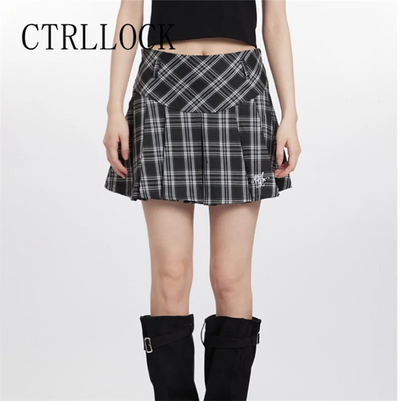 

CTRLLOCK Preppy Style High Waist Plaid A-line Skirt Slim Pleated Short Skirts For Women