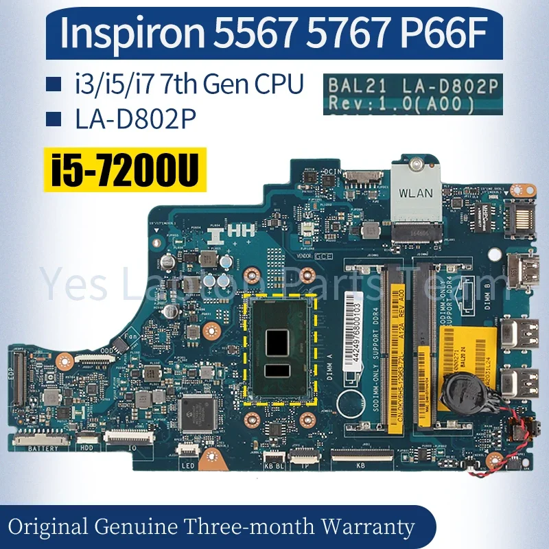 Für Dell Inspiron P66F 5567 5767 Laptop Mainboard LA-D802P 081 yw5 057 k0h 0 dg5g3 i3/i5/i7 CPU-Notebook-Motherboard der 7. Generation