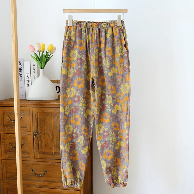 2024 Lipline Neue Damen-Pyjamahose, 100 % Baumwolle, Nahaufnahmehose, farbig gewebte Blumen-Haushose, Damen-Mückensichere Hose