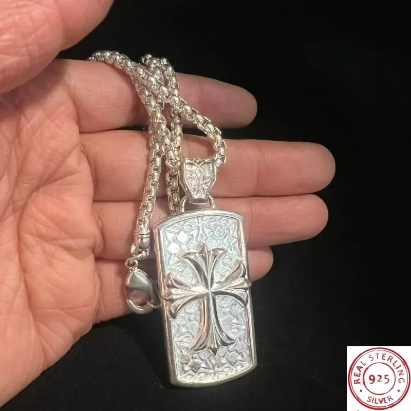 

925 Silver Long Chain Necklace for Men, Cross Pendant, Tibetan Silver Handmade Clasp Design Jewelry