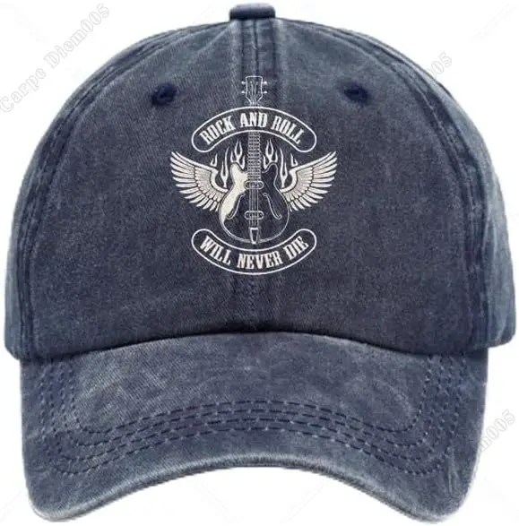 Rock and Roll Will Never Die Guitar Print Denim Hat Baseball Caps for Men Women Adjustable Unisex Cowboy Hats One Size