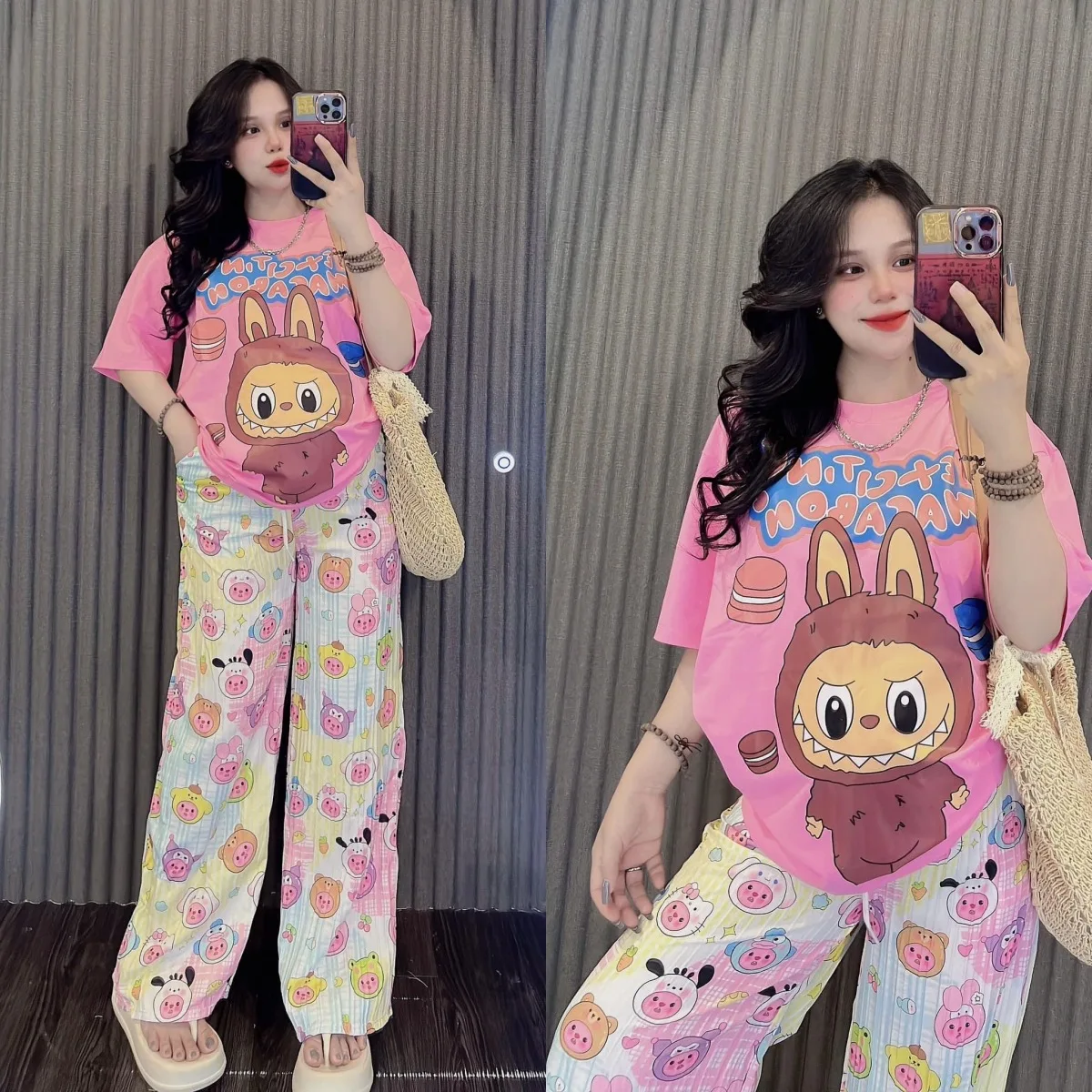 New Labubu Print T-Shirt And Pants Anime Cartoon Short Sleeved Shirt Casual Fashion 2pcs Set Kawaii Cute Woman Birthday Gift