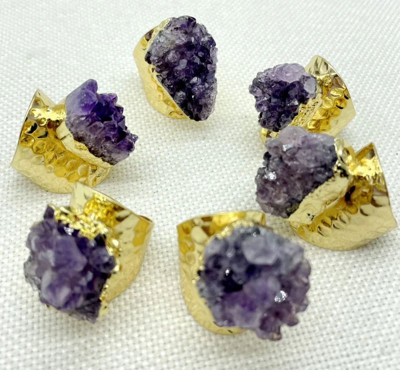 

Fashion Gold Rim Amethyst Crystal Teeth Geode Flower Agate Slice Adjust Open Hammered Ring Cuff For Women Men Jewelry Ring 6Pcs