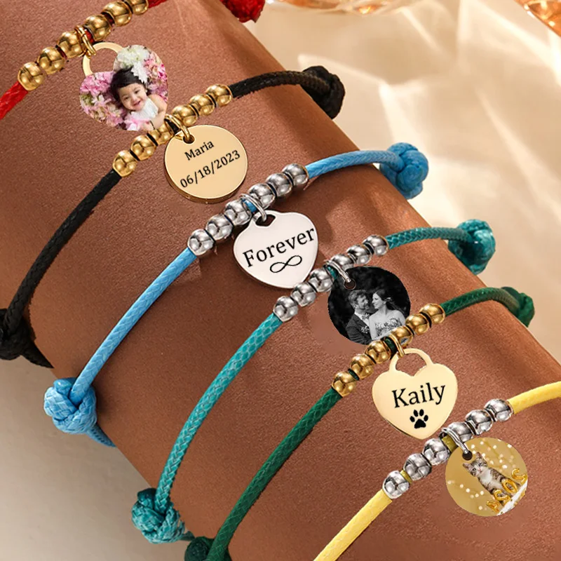 

Personalized Engraved Name Photo Bracelet Stainless Steel Heart Round Charm Wax Thread Braided Chain Customized Jewelry Gifts
