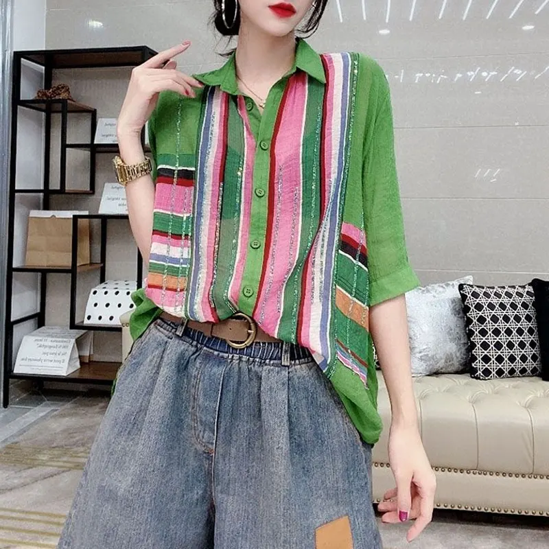 Casual Contrasting Colors Striped Spliced Shirt Women\'s Clothing Fashion Polo-Neck Summer Single-breasted Chic Diamonds Blouse