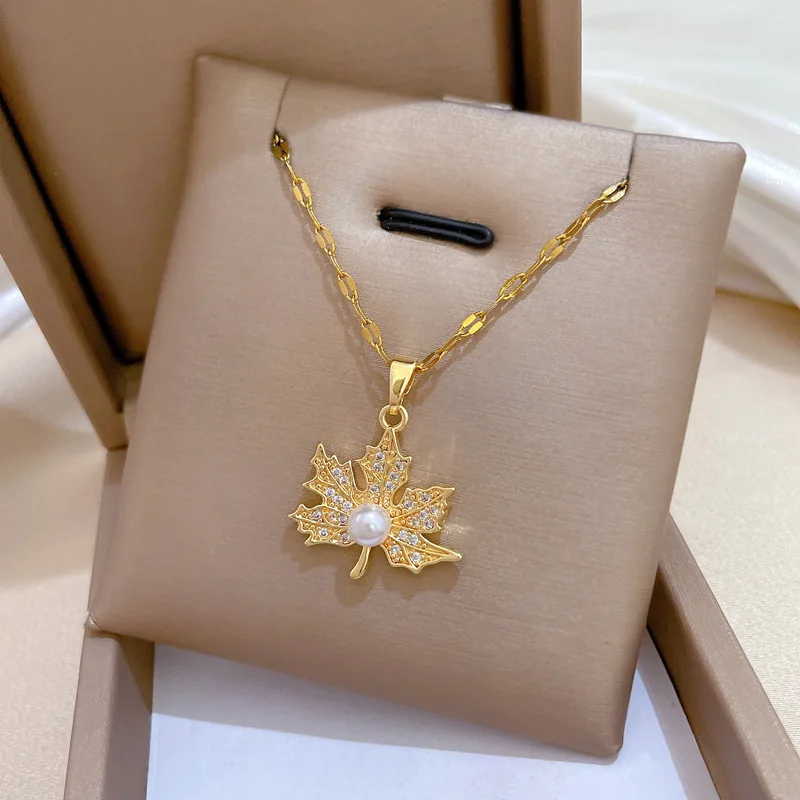 DIEYURO 316L Stainless Steel Golden Maple Leaf Pearl Zircon Light Luxury Pendant Necklace For Women Waterproof  Jewelry Gift view 3