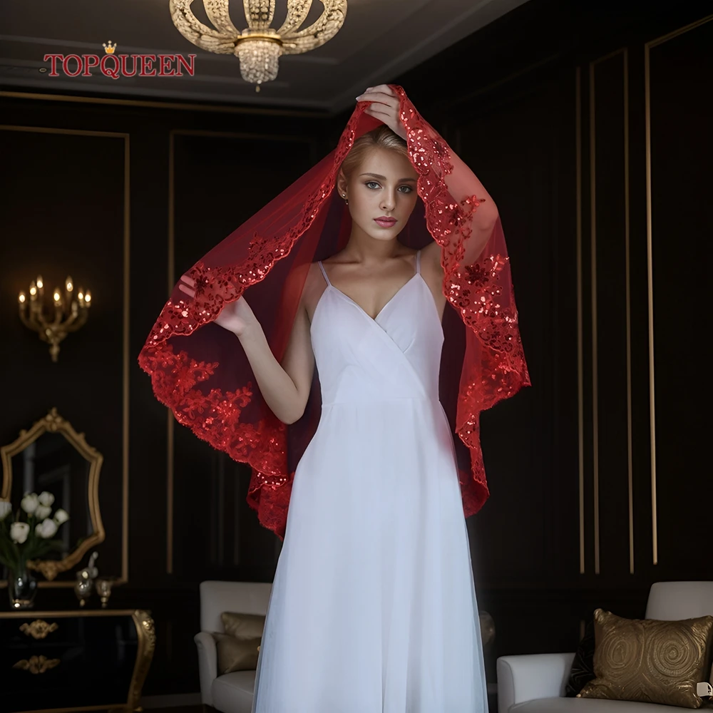 TOPQUEEN Exquisite Red Lace Edge Bridal Veil Double Layer Glitter Wedding Accessory Velo Glitter Sposa Vestidos De Novia V232