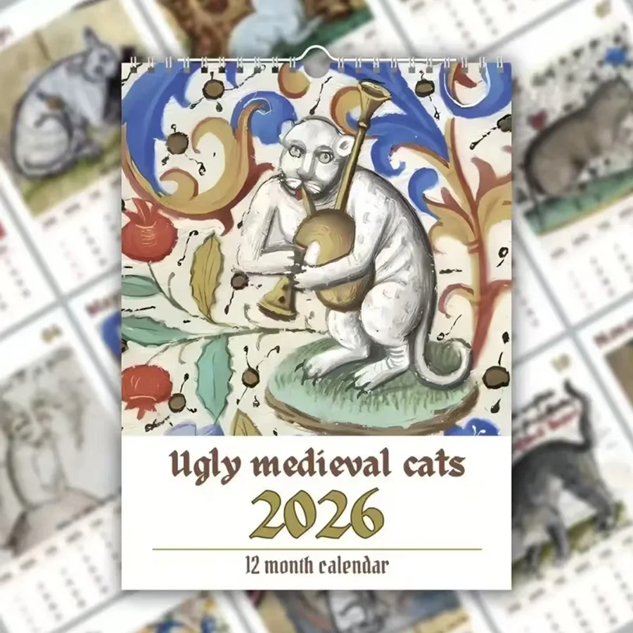 1pc 2026 Retro Medieval Cat Wall Calendar, Hand-Painted Cat Theme Calendar - 12 Different Exquisite Retro Patterns Wall Calendar