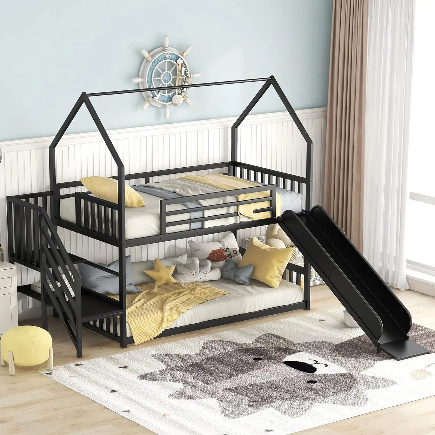 Harper & Bright Designs Twin Over Twin Metall Etagen bett mit Rutsche und Treppe, niedriges Etagen bett für Kinder, Etagen bett,