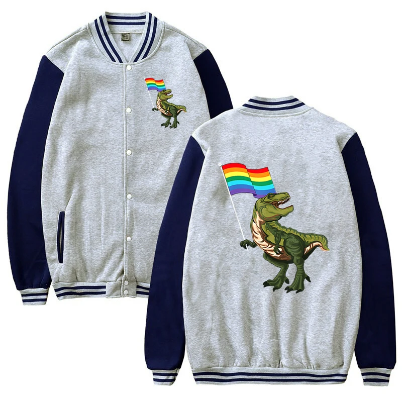 Funny Dinosaur Flag Gay Pride LGBT Women Bomber Jackets Autumn Winter Fashion Baseball Uniform Oversize Coats Harajuku Jacket