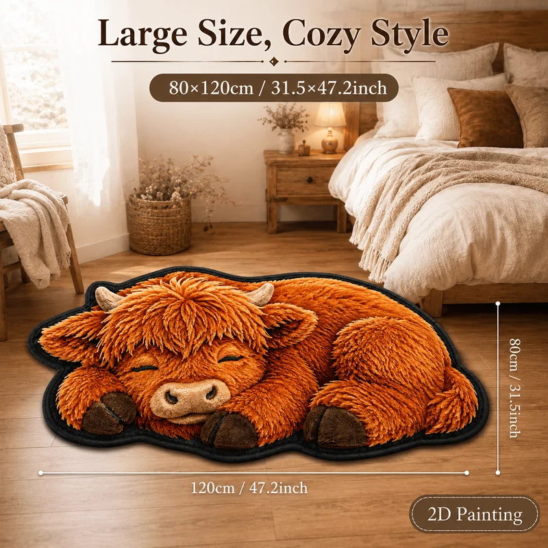 VIKAMA Cute Highland Cow Irregular Shaped Rug Soft Plush Non-Slip Washable Absorbent Bathroom Bedroom Doormat Holiday Home Decor