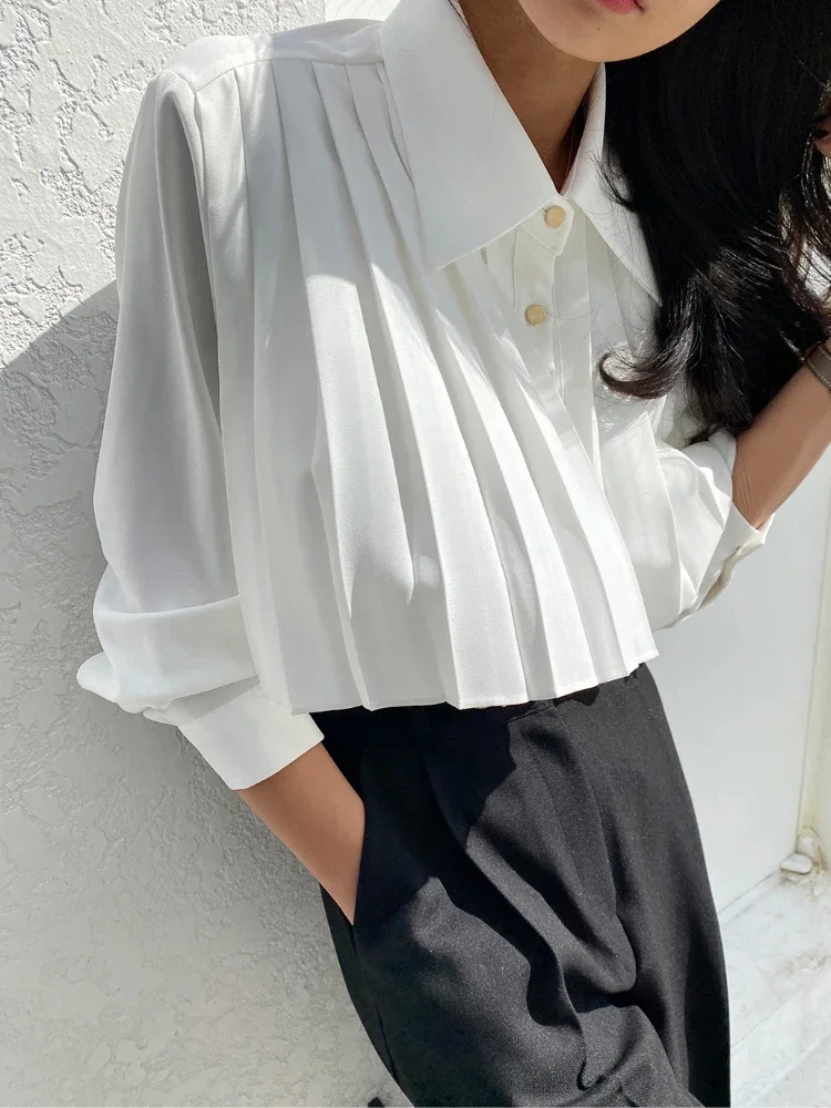 Matakawa Pleated Solid Women Shirts&blouses Retro Korean Fashion Spring Autumn Chic Blusas Mujer Elegant Simple Camisas