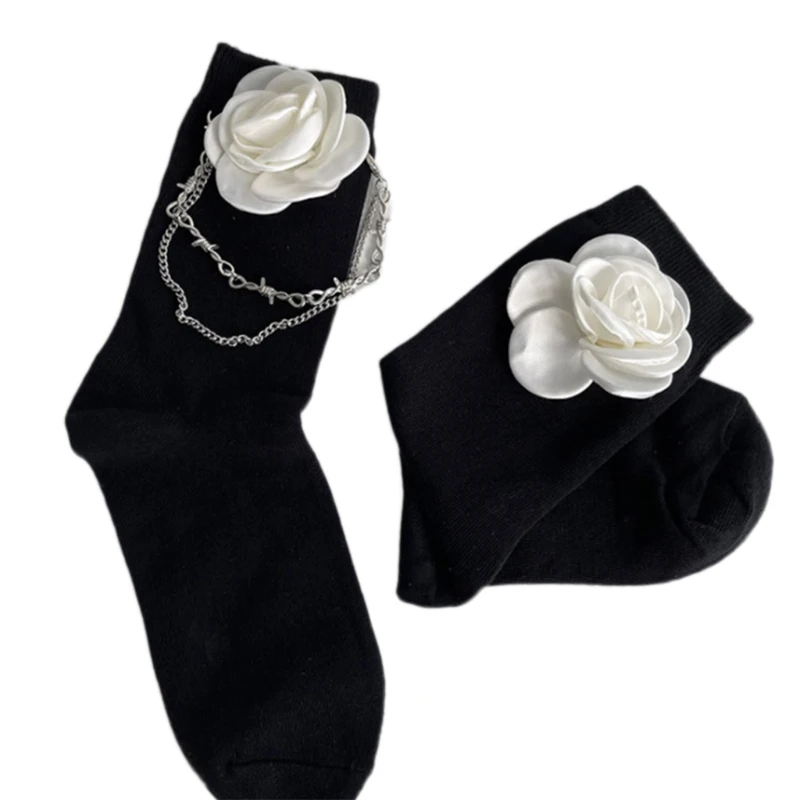 Women Student Gothic Punk Cotton Socks Harajuku Artificial Camellia Flower Metal Chain Skateboard Tube Hosiery