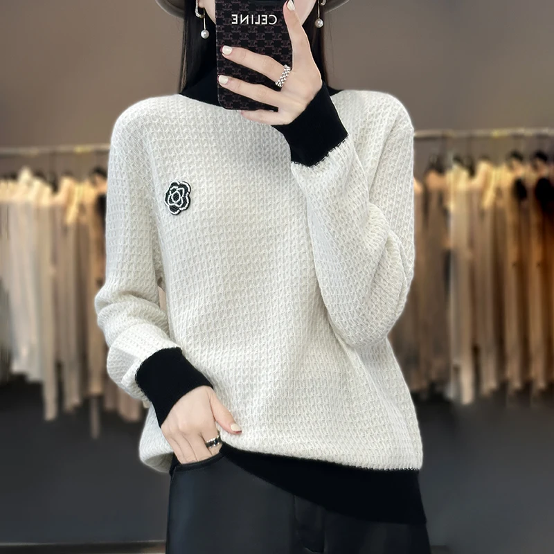 

23 Autumn And Winter New Woolen Sweater Women's Round Neck Long Sleeve Pullover 100% Pure Wool Contrast Jacquard Style Knitwear