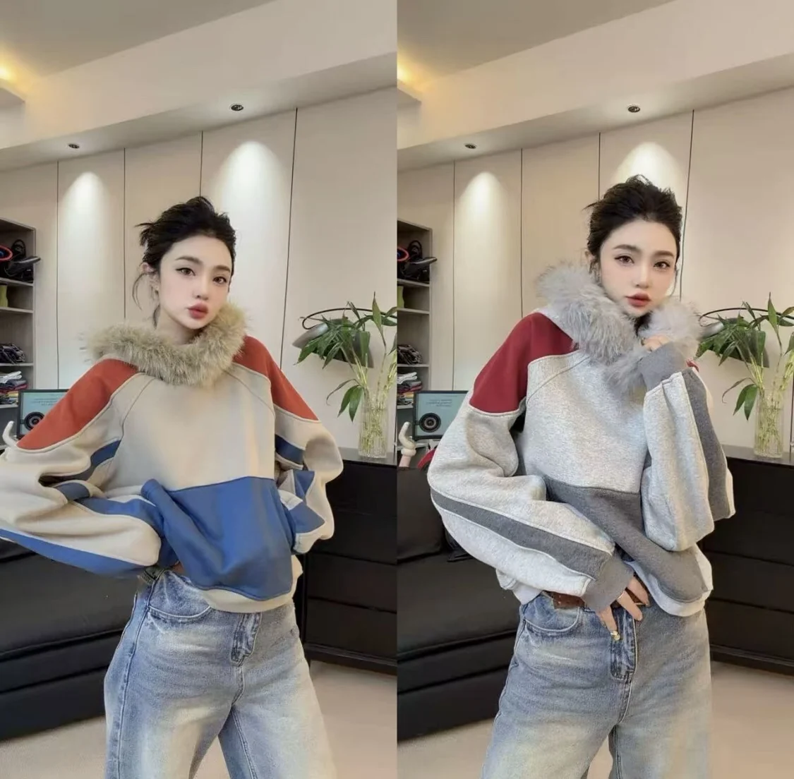 

Winter New Faion Loose Casual Pure Color Design Collar Sweatirt Women's Premium Vest Brand ex Sli Comfortable