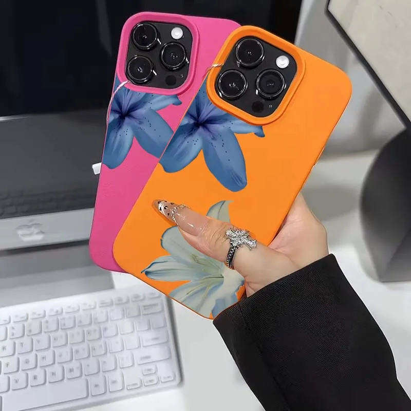 Eleganckie etui na telefon z wzorem niebieskich lilii i liczi do iPhone 17 16 Pro Max 15 14 13 12 11 XS XR 16 Plus 16e, odporne na wstrząsy, miękka tylna obudowa.