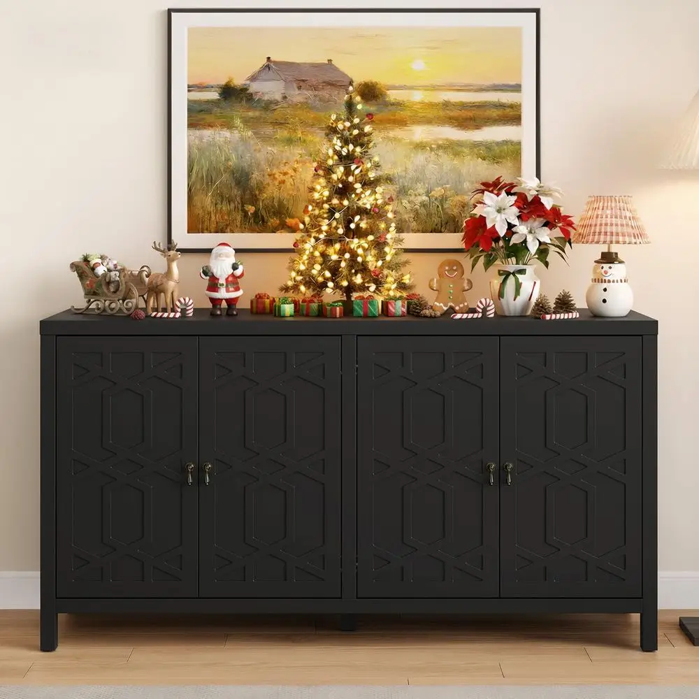 

60 Modern Sideboard Cabinet with 4 Doors and Adjustable Shelves, Ideal for Entryway, Dining, Living, and Bedroom, Black