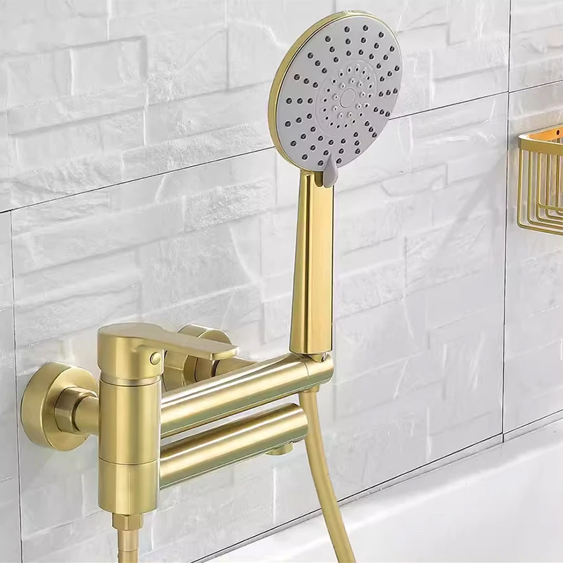 Copper Extended Bathtub Faucet Hot and Cold Shower Head Set Woman Washer Golden Washroom Spray Type Tap Set with Water Pipe