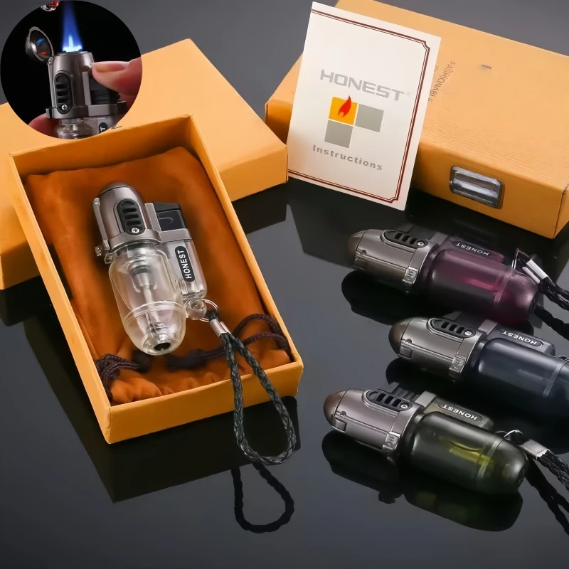 

Mini Windproof Spray Gun Lighter Inflatable Blue Straight Flame Safety Lock Portable High-End Outdoor Tool for Camping And BBQ