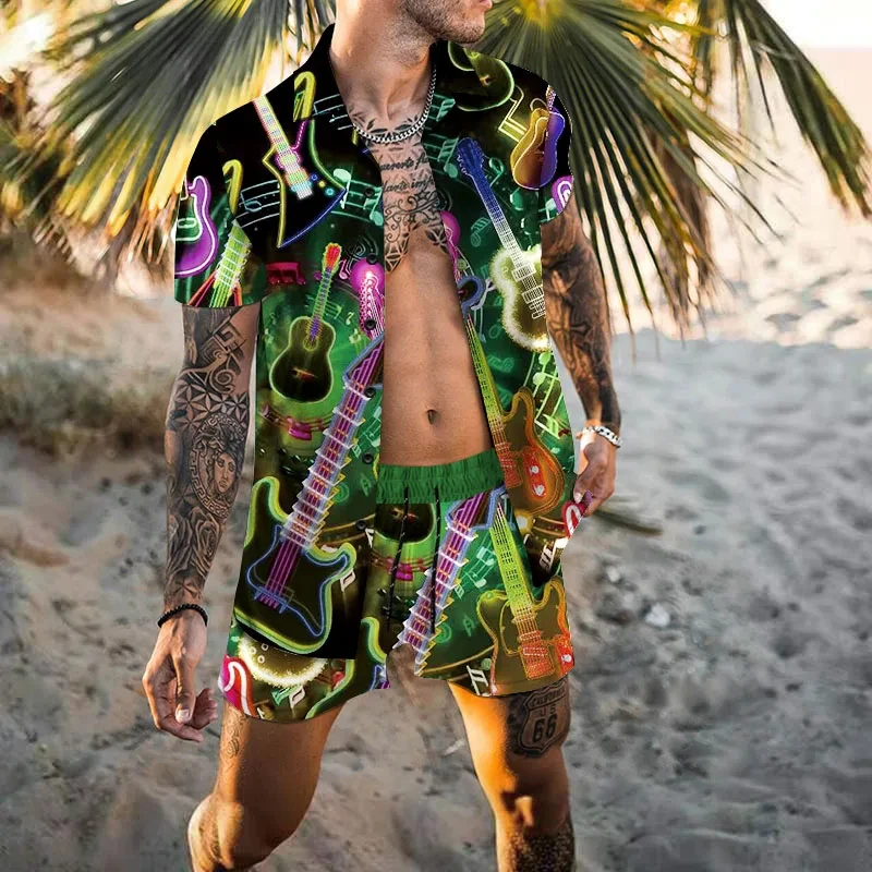 Cárdigan Hawaiano para hombre, conjunto de 2 piezas, camisa de manga corta con botones y estampado 3D, pantalones cortos de playa para vacaciones,