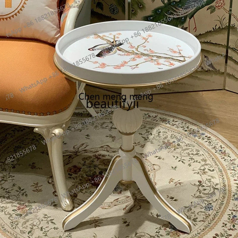 

182C French Style Freehand Drawing Golden round Corner Table Small Apartment Living Room Furniture Flower-Bird Pattern Storage R