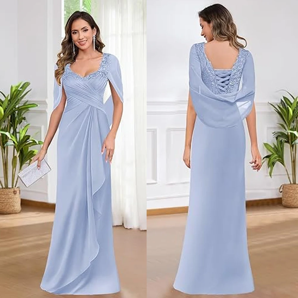 

Bowith Elegant Evening Dresses with Cape Sleeves Customized Chiffon Lace Appliques Formal Occasion Gown
