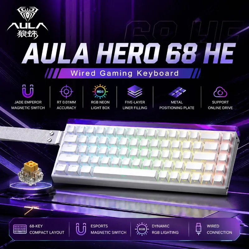 AULA HERO68 HE Gaming Keyboard Magnetic Switch 68 Keys Wired 8K Polling Rate Rapid Trigger RGB Hot Swappable Mechanical Esports