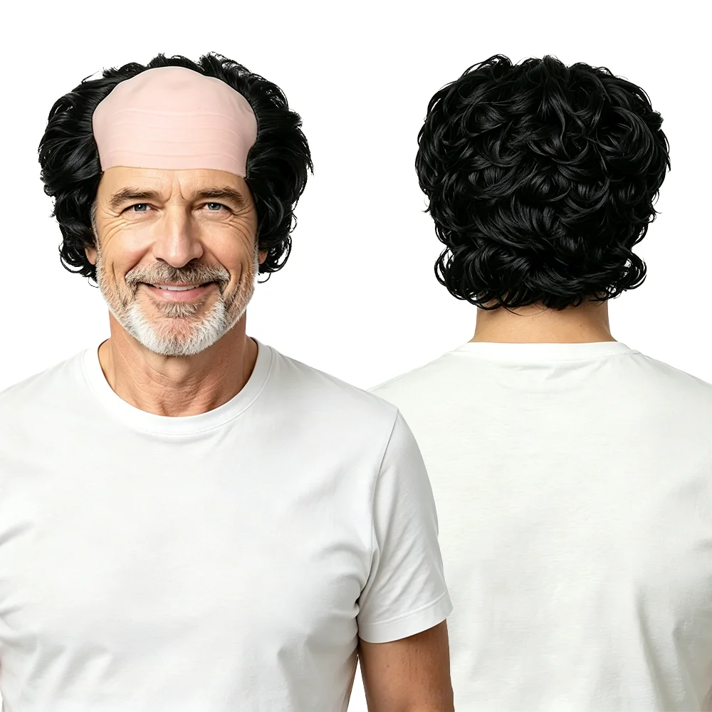 Comedy Black Bald Head Wig for Men Curly Old Man Wig Funny Halloween Costume Wig For Party Prank Cosplay Daily Fun One Size