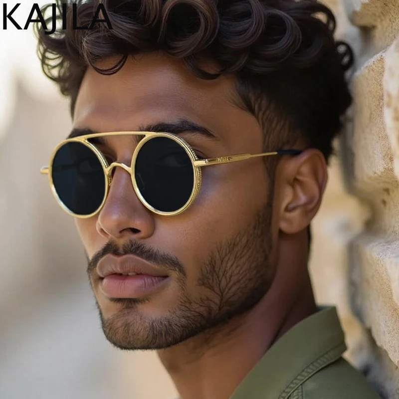 النظارات الشمسية الصغيرة المستديرة Steampunk الرجال 2025 العلامة التجارية الفاخرة خمر إطار معدني فاسق نظارات شمسية للذكور مزدوجة شعاع ظلال UV400