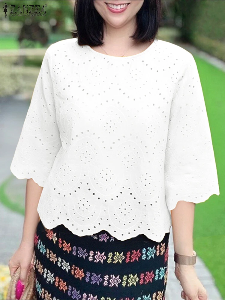 

2025 ZANZEA Women Embroidered Blouse Stylish Hollow Out Shirts Elegant 3/4 Sleeve Work Shirt Patchwork Blusas Autumn Summer Tops