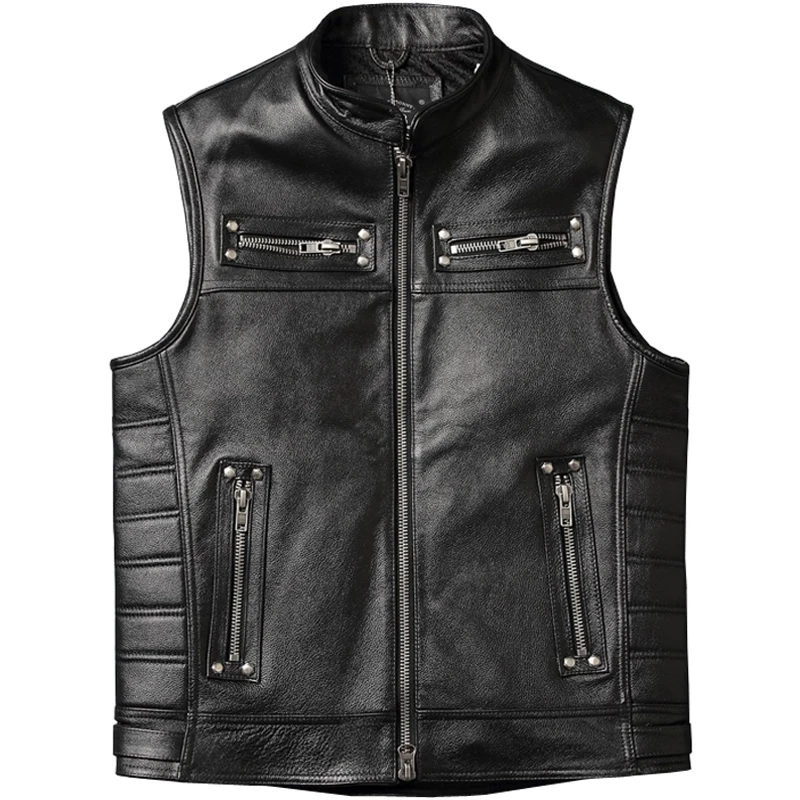 

Black Four Seasons Leather Vest Men Vintage Style Plus Size 4XL Genuine Natural Cowhide Stand Collar Rivets Vest