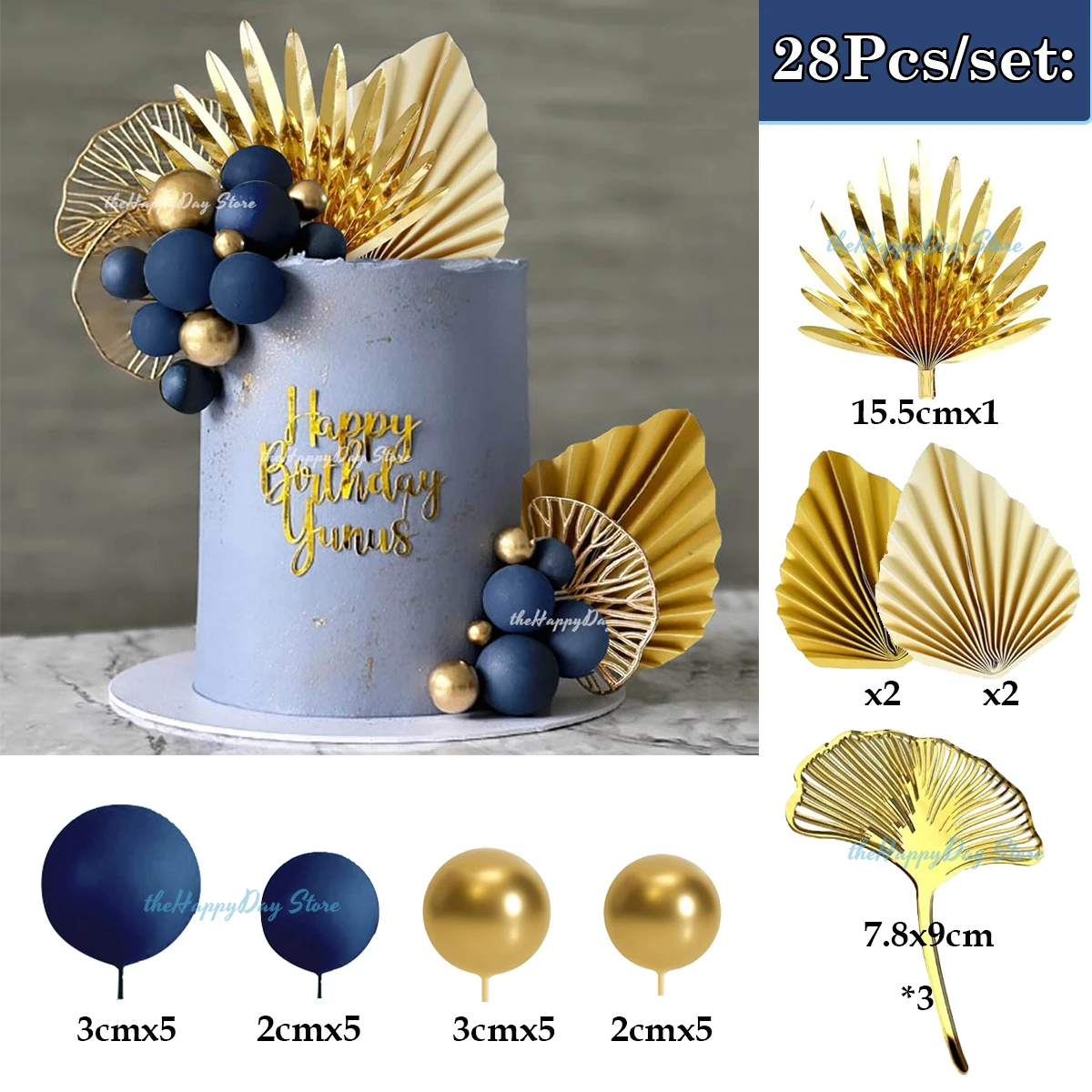 1 Set Marineblau Goldene Kugeln Tortendekoration Goldene Palmblätter Kuchendeko Boho Tortendekorationen für Abschluss Hochzeit Geburtstag – Detail 40