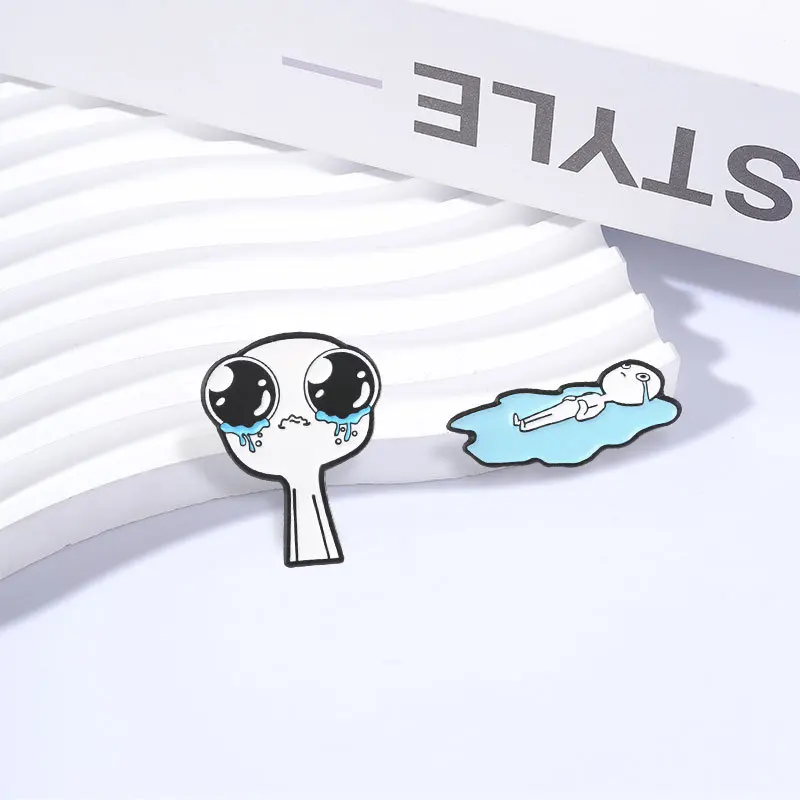 Fun Big Head Tears Cartoon Little Person Paint Broch Simple Creative Metal Pin Coat Backpack Decoration Badge
