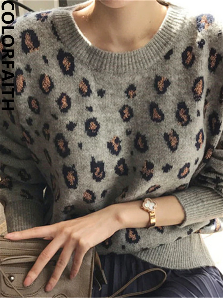 Colorfaith SW9539 New 2023 Leopard Korean Style Knitted Oversized Female Wild Autumn Winter Women\'s Sweaters Pullovers Jumpers