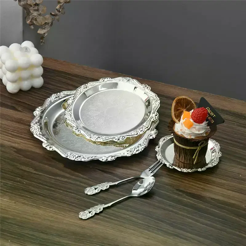 Retro Luxury Silver Plated Plates Cake Dessert Tray High Tea Snack Fruit Dish Jewelry Storage Tabletop Decor Home Hotel Supplies