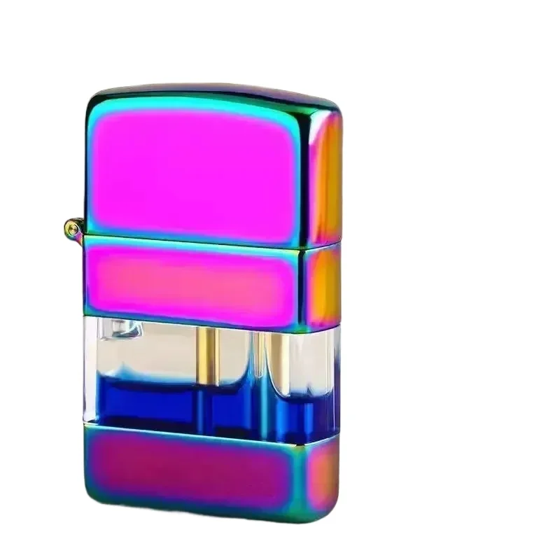 Neue Metall Transparent Öl Tank Retro Feuerzeuge Schleifen Rad Winddicht Benzin Feuerzeug männer Geschenk Zigarette Zubehör