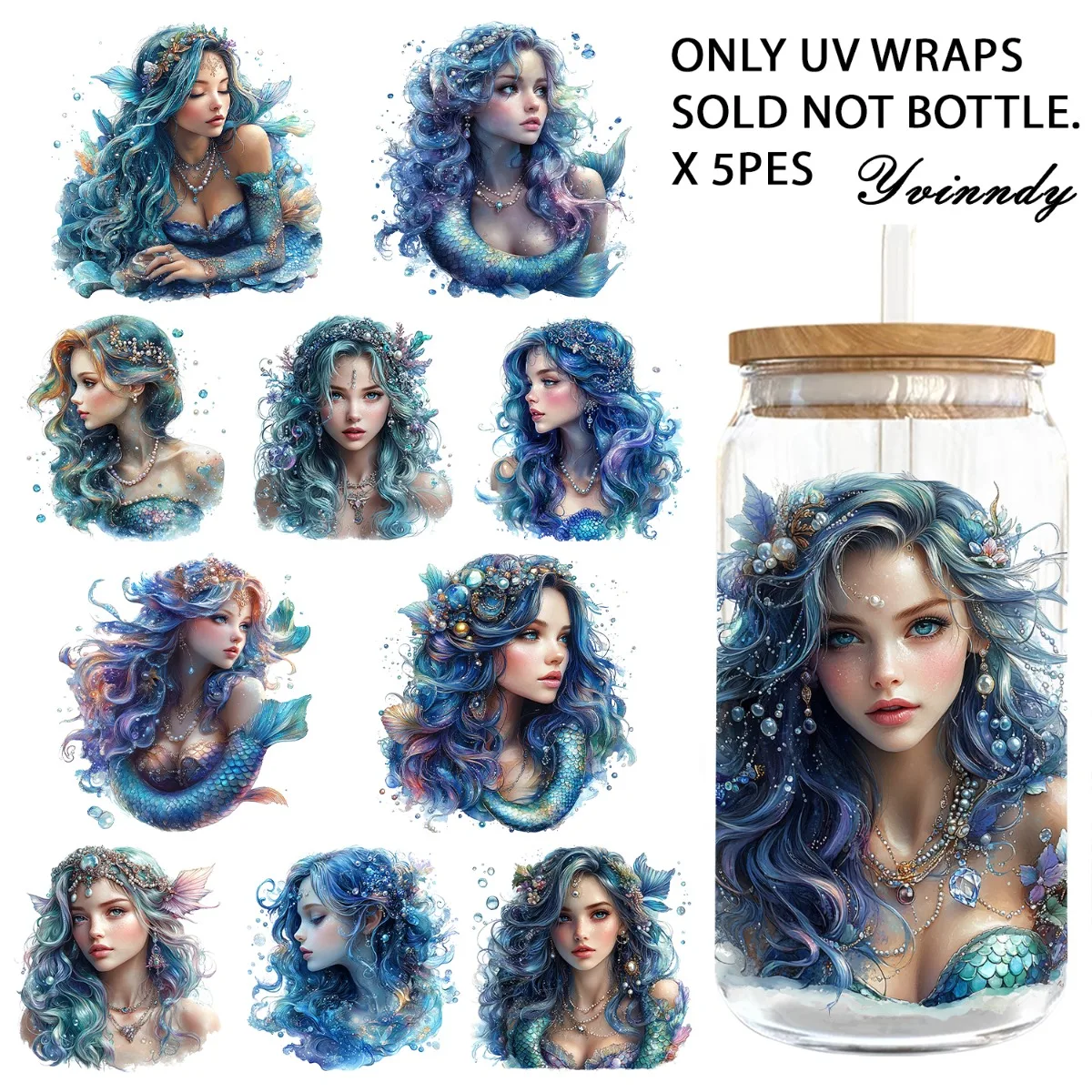 5 Stück/Set 16OZ UV DTF DIY-Transferpapier – Die wunderschöne Meerjungfrau-UV-DTF-wasserfeste Folie, für DIY-Enthusiasten (ohne Wasserbecher)