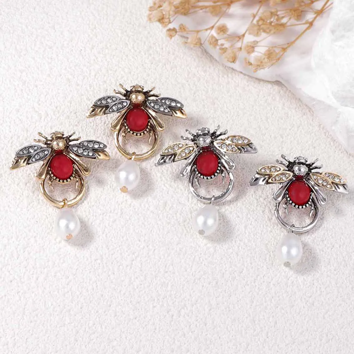 HUANZHI New Retro Insect Water Drop Imitation Pearl Micro Inlaid Zircon Bee Gold Plated Earrings for Women Girls Jewelry