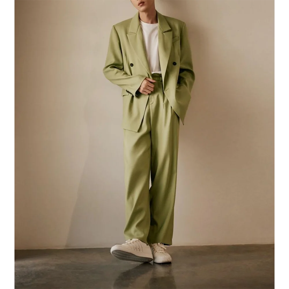 

Loose Men's Suits Two Piecs Blazer Pants Green 2025 Spring New Trend Double Breasted Work Commute Party Costume