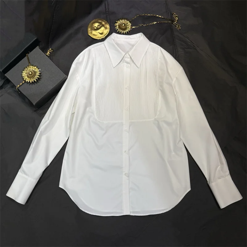 

Women's shirt 2026 summer new single breasted slim fit women's long sleeved top pleated spliced pure cotton Women's blouse y2k
