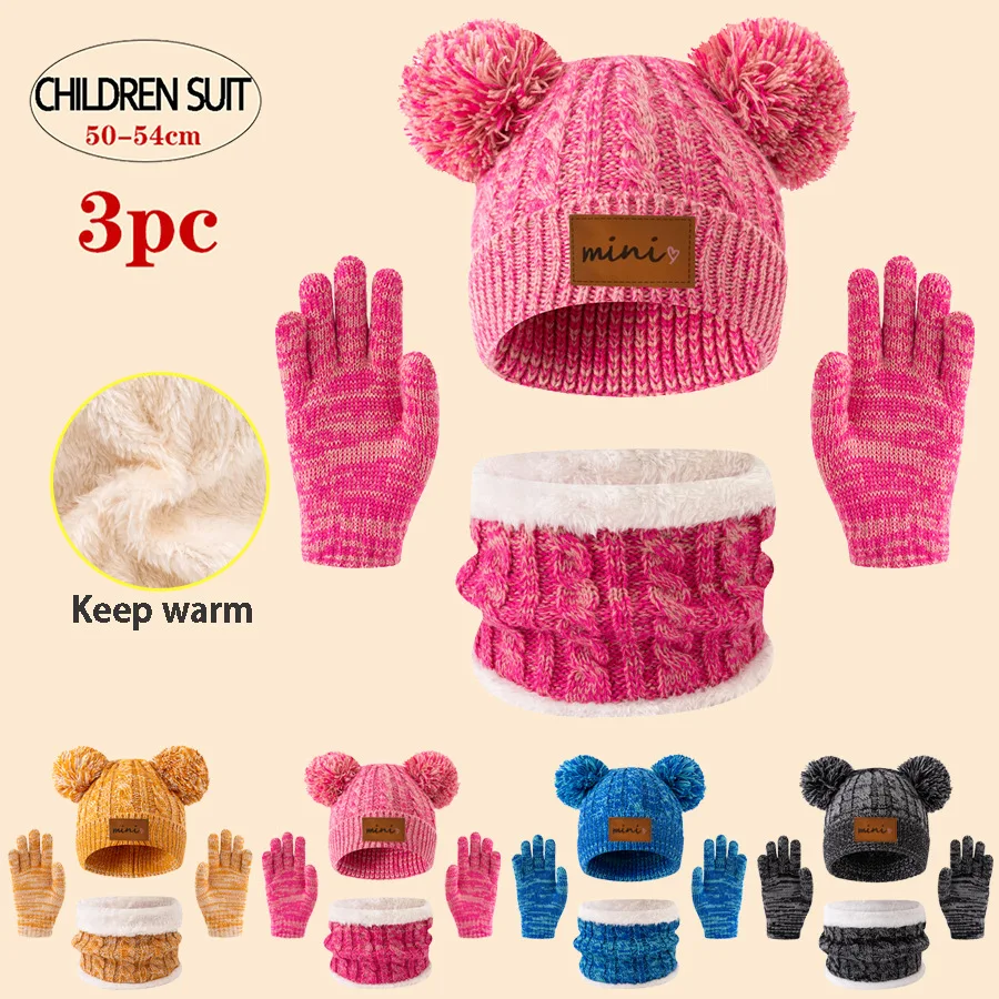 Gorros, bufandas y guantes de punto de 3 piezas para niños, aptos para niños de 3 a 12 años para mantener el calor al aire libre en invierno.