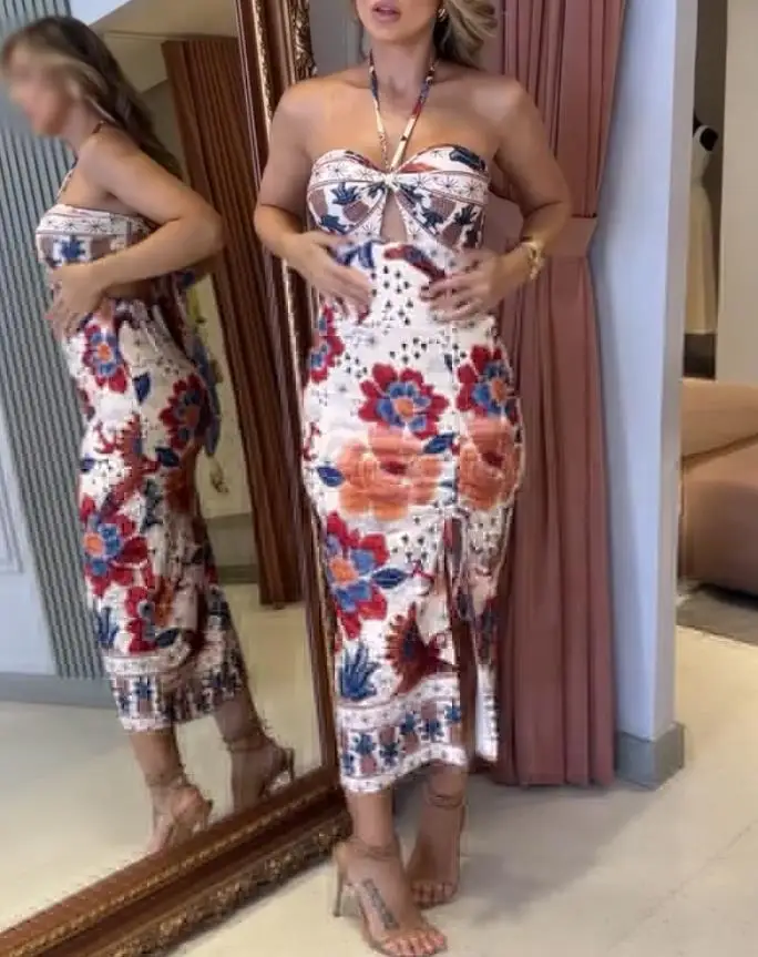 Vestido midi para ocasiones especiales a la moda para mujer, estampado floral con cuello halter y nudo en la parte delantera, vestido con abertura larga