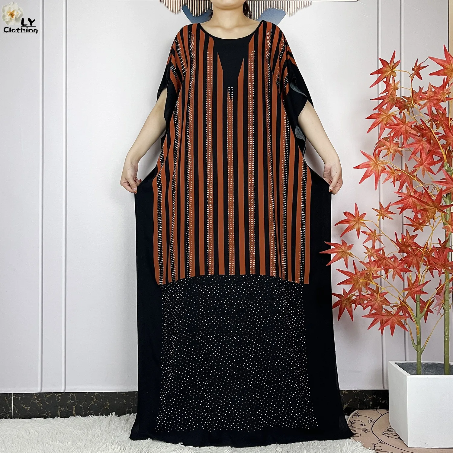 New Dubai Party Summer Short Sleeve Cotton Dresse With Big Scarf Diamonds Stripe Printing Lady Loose Robe African Islam Clothing