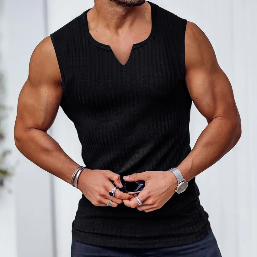 2024 Men\'s vest vertical bar fitness V-neck T-shirt sports loose slim breathable solid color fashion men\'s wear