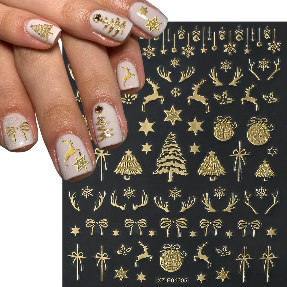 3D Black Gold Glitter Christmas Series Nail Stickers 2025 New Christmas Tree Pentagram Antlers Design Nail Decals Xmas Slider﻿﻿