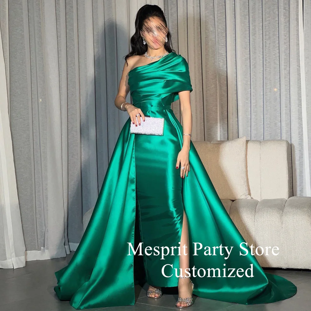 

Emerald Green Satin Evening Dress Detachable Train Customized Off Shoulder Side Slit Saud Arabian Party Gown for Weddings