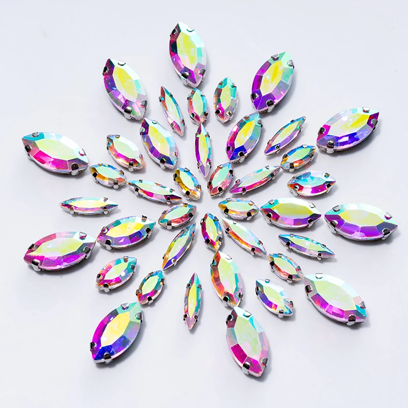 QIAO Mix-Größe 50 Stück Navette Silber Krallen-Strasssteine Glas-Kristall zum Aufnähen für Hochzeitskleider, Schuhe, Taschen, DIY – Detail 8