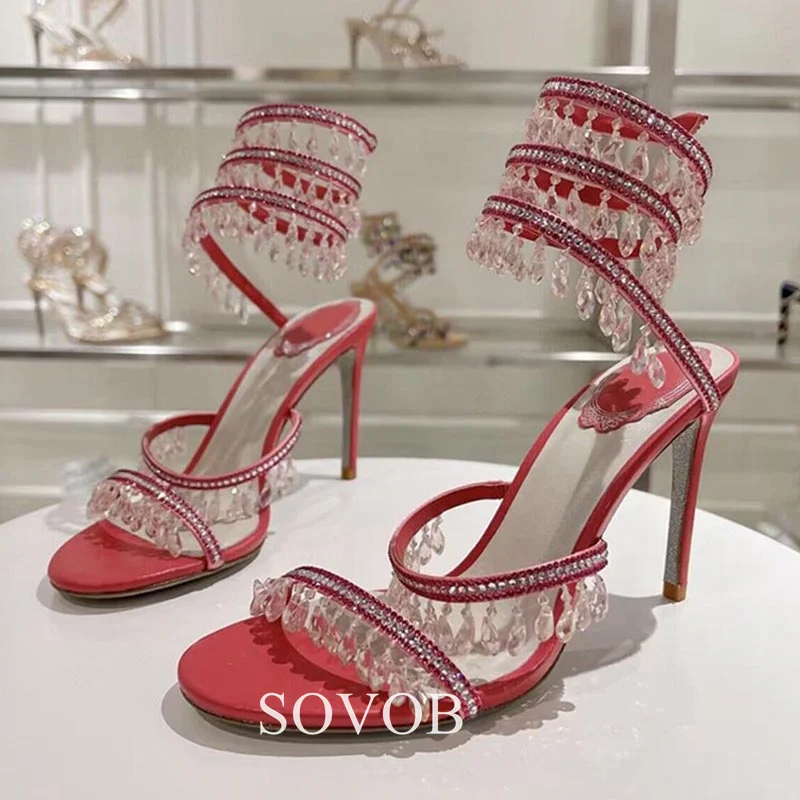 Summer Crystal Bead Slim Heel Sandals Women's Open Toe Hollow Out Gladiator Ankle Strap High Heels Sexy Party Dress Shoes 2024